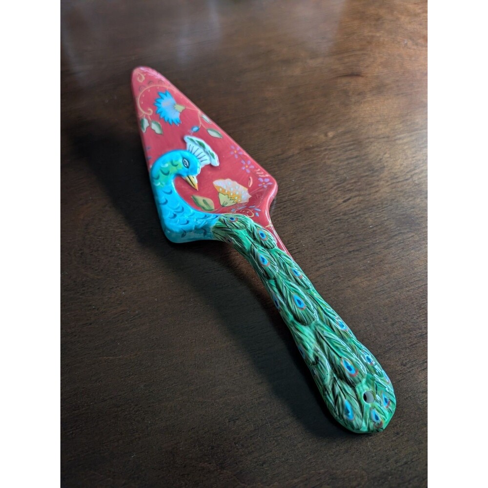 Tracy Porter Artesian Road Collection Hand Painted Peacock Ceramic Pie Server